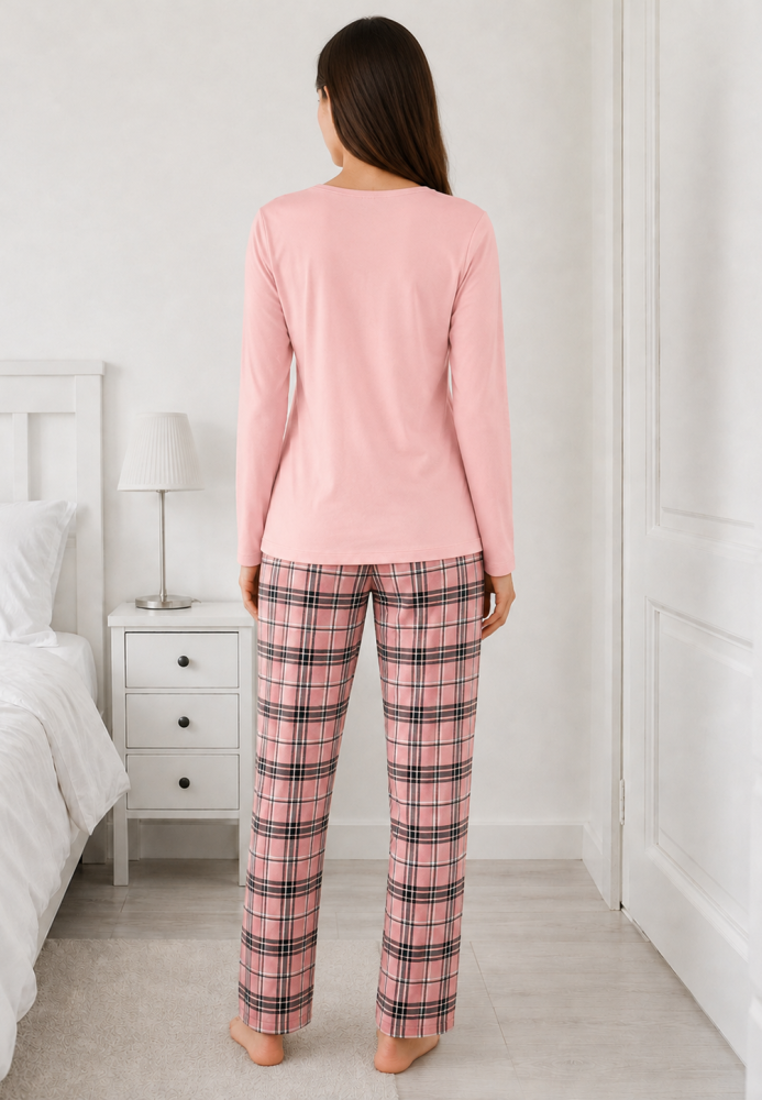 Pijama damă Serena cu bluză cu maneca lunga și pantaloni lung -Roz,Engros